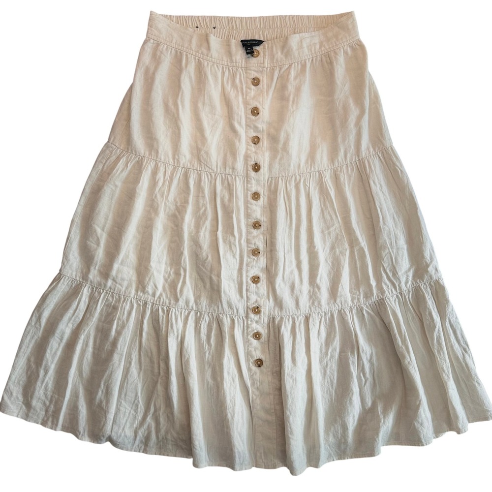 Banana Republic Linen Viscose Tiered Midi Peasant Skirt Ivory Size M Lined Boho